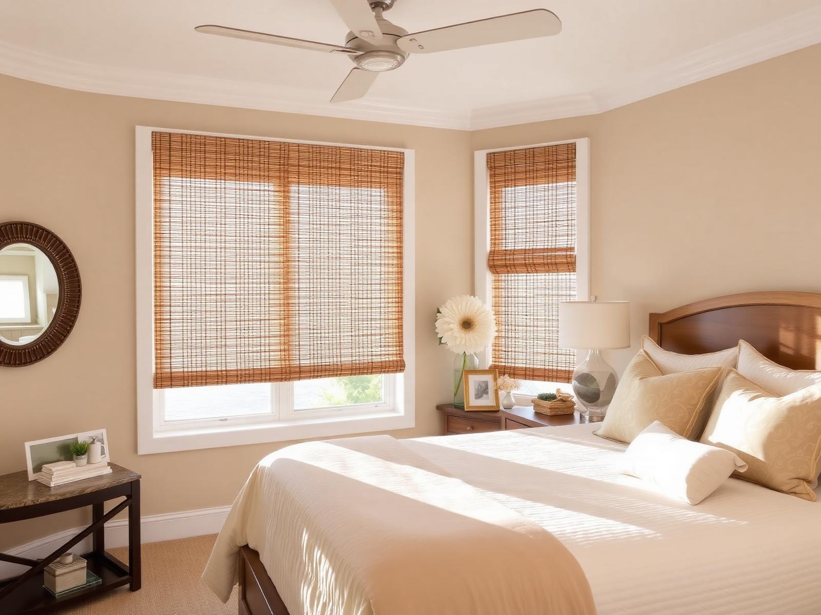 Coastal bedroom with natural fiber woven shades in soft brown tones