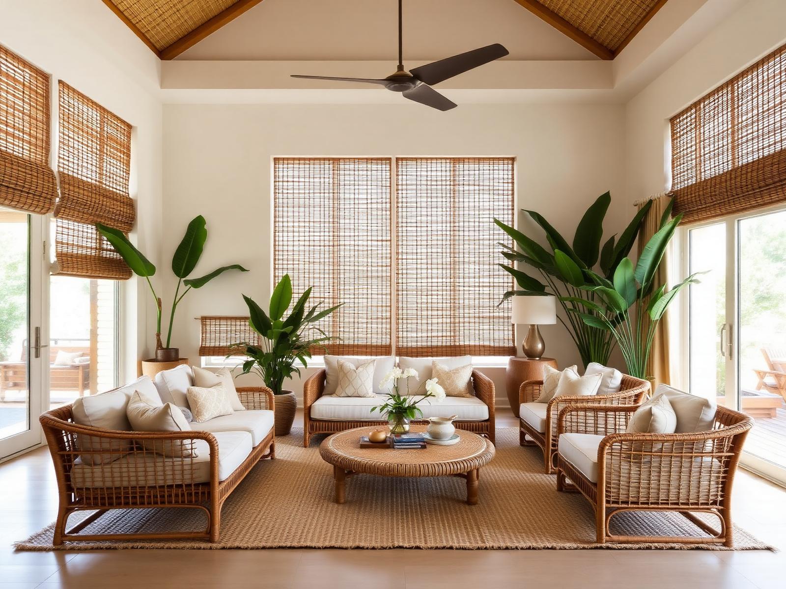 Boho living room with natural woven wood shades and rattan furniture