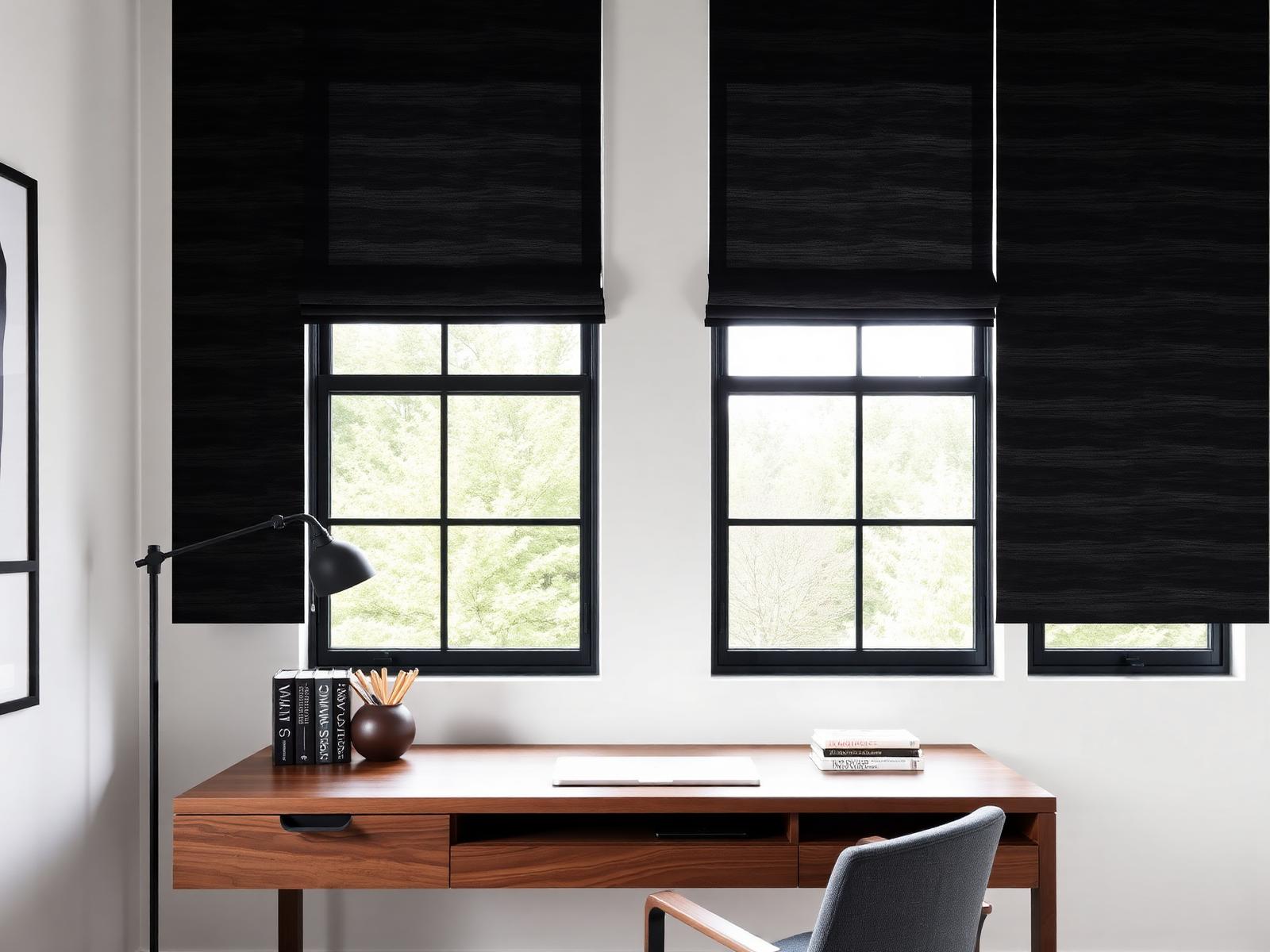 Modern home office with dark charcoal zebra shades and black window frames